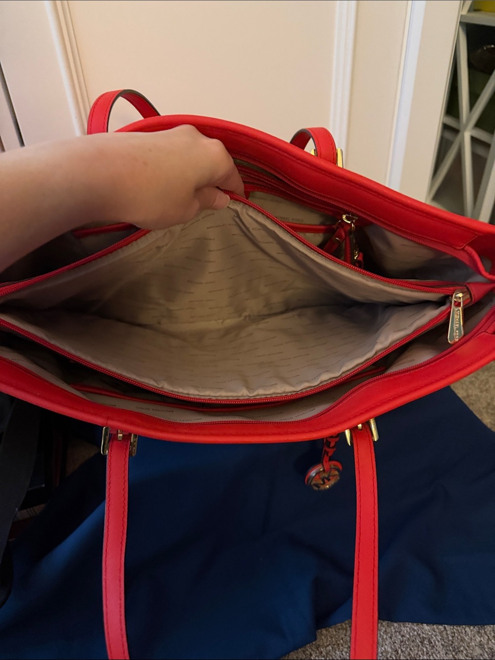 Michael Kors Bright Red Saffiano Leather Tote with Logo Charm - Picture 5 of 15